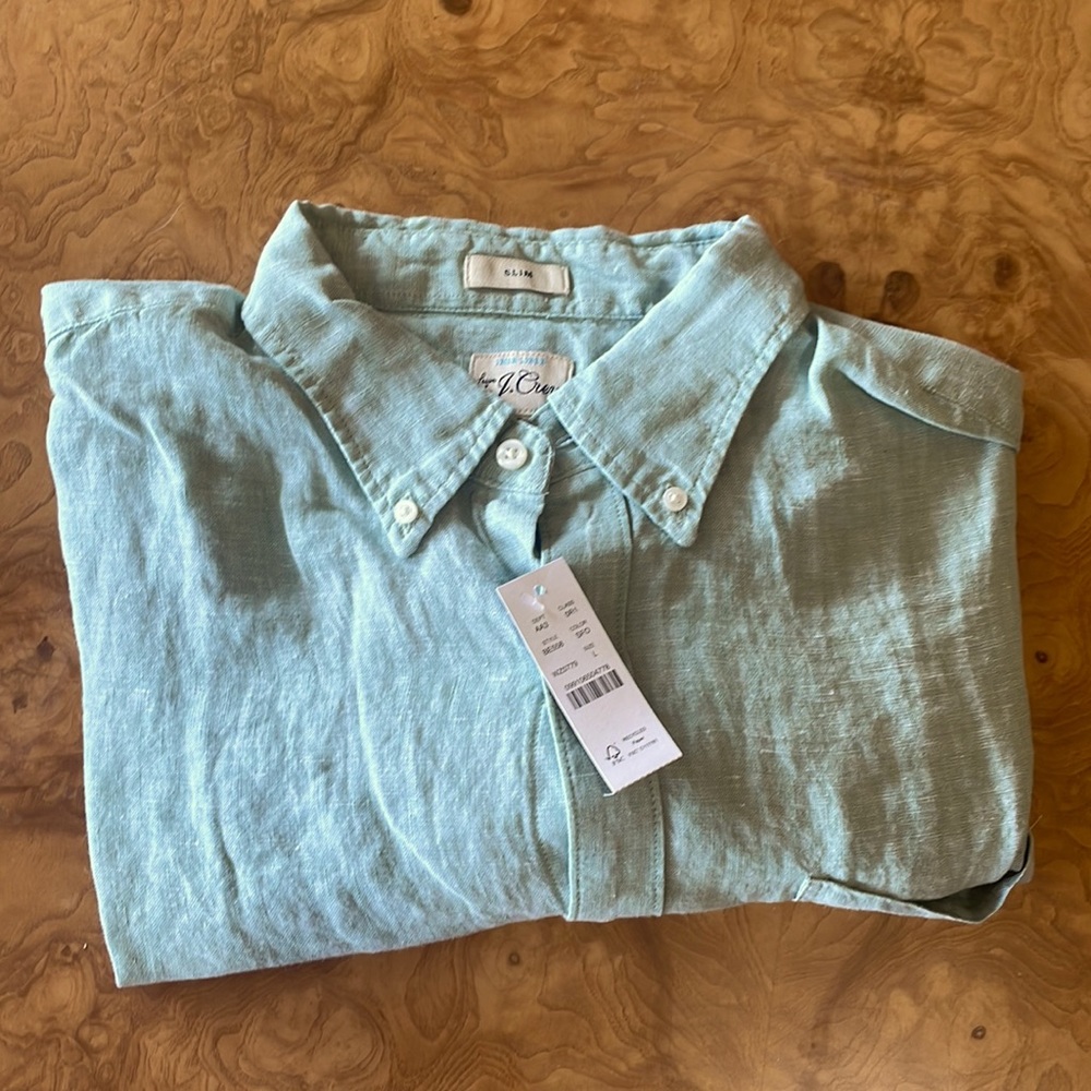 J. Crew brand green linen button-down, size L (large)